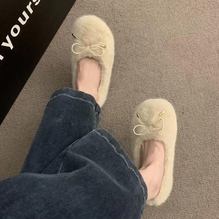Gentle Fairy Wind Fluffy Shoes Female Outer Wear 2025 Autumn and Winter New Korean Version Soft-soled Cotton Shoes Flat-soled Velvet Doudou Shoes