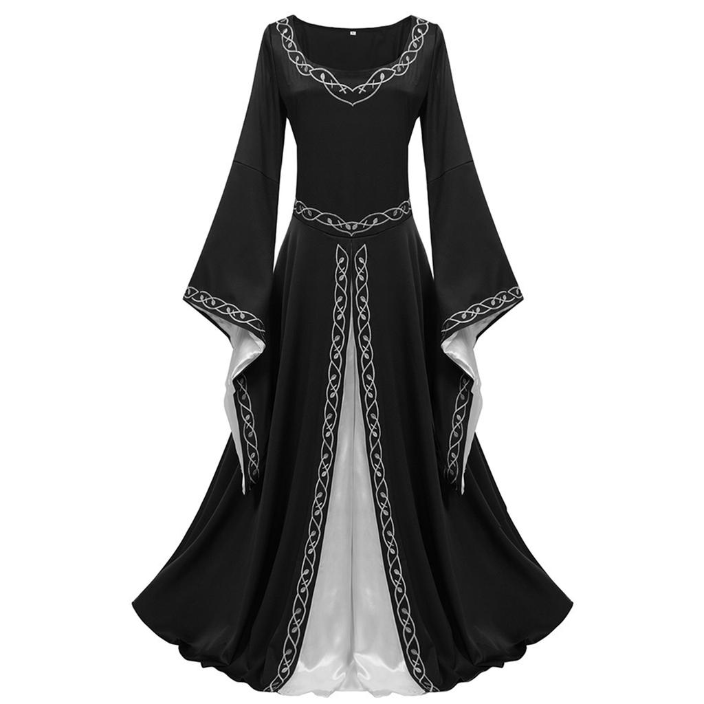 Damen Retro Gothic Kleid Europäisches Retro Einfarbig Glockenärmel Taillenkleid