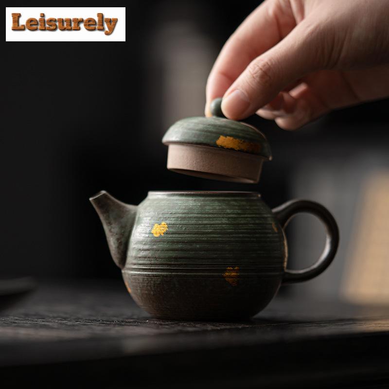 180ml Retro Bronze Glazed Teapot Japanese Old Rock Clay Pot Tea Making Peacock Blue Kettle with Infuser Teaware Ornaments Gifts
