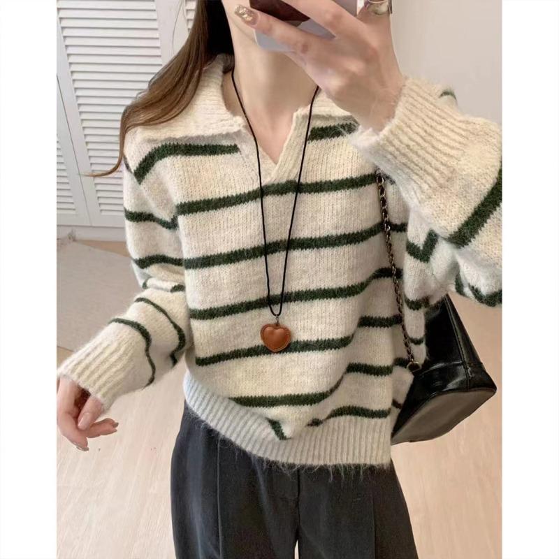 Lapel pullover sweater women's spring and autumn new simple contrasting stripes lazy versatile loose knitted sweater
