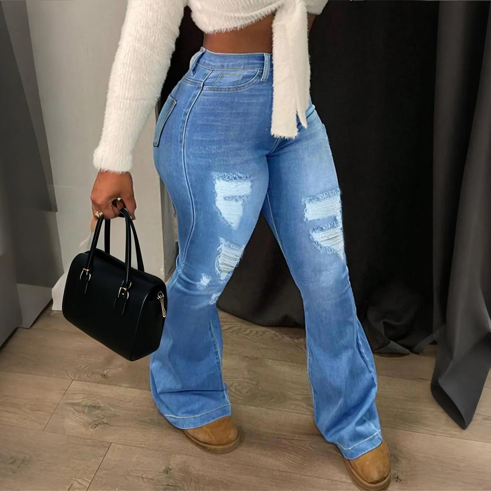 

Women s Loose And Casual Trend Ripped Casual Fashion Tight Fitting Leg Jeans XL