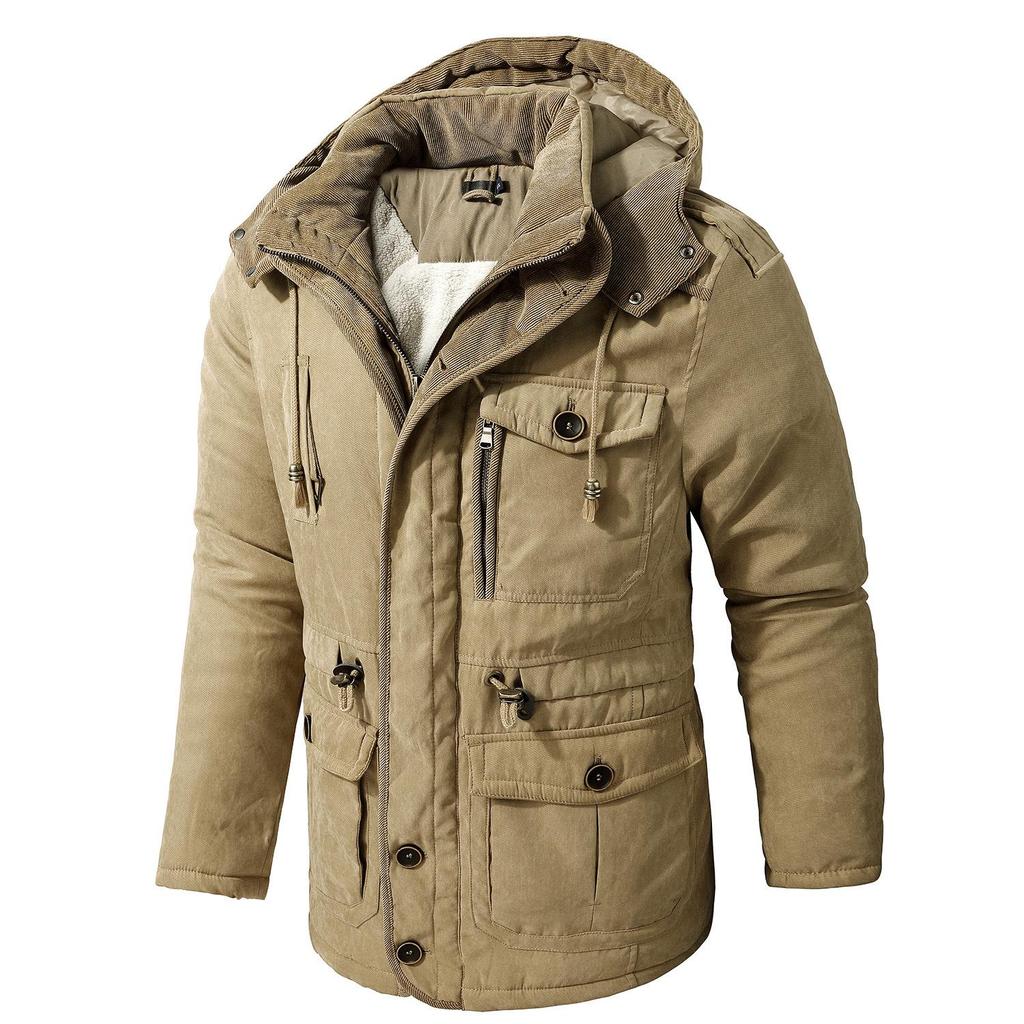 Men's Plus Size Lammefleece, hette bomullsjakke fortykket bomullstopp med flere lommer Uformell mellomlang jakke