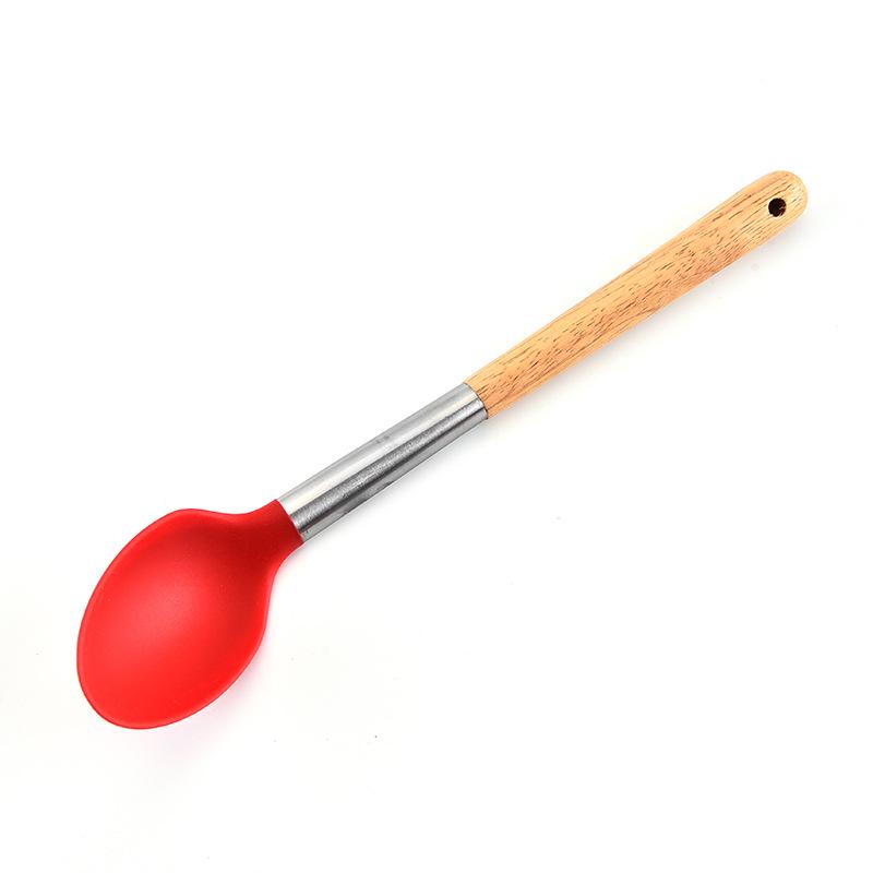Durable Wooden Handle Silicone Kitchenware 7-Piece Set: Non-Stick Spatula & Spoon