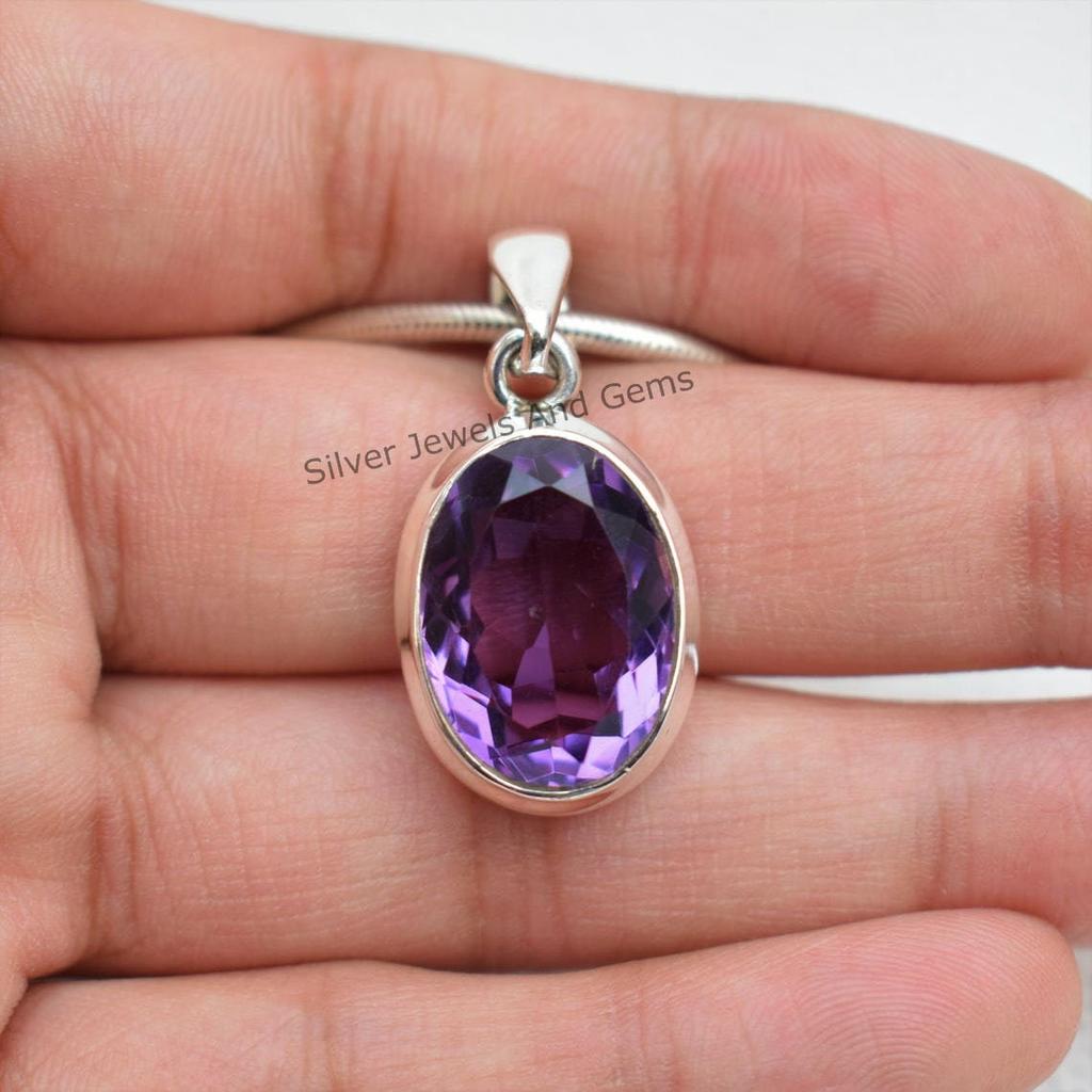 Natural Amethyst Pendant-Handmade Silver Pendant-925 Sterling Silver Pendant-Oval Amethyst Pendant-Gift for her-Anniversary Pendant