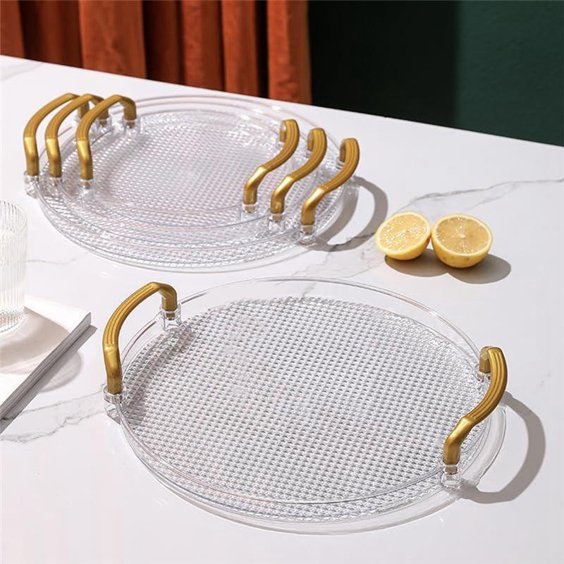 AEE4-Acrylic Clear Round Serving Tray Bathroom Vanity Tray Decorative Tray With Golden Handle For Coffee Table Office