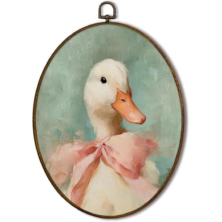 XNXLDYLH Vintage Goose Duck Nursery Oval Framed Wall Art Decor, Bow Nursery Coquette Baby Room Hanging Wall Decor Decorations for Girls, Preppy Girly