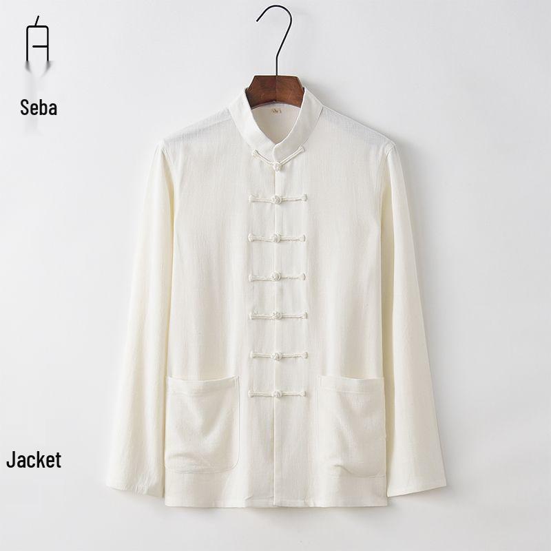 Men's Bamboo Cotton & Linen Retro Tang Suit Shirt for Spring/Summer - Long-Sleeved Kung Fu Tai Chi Tea Service