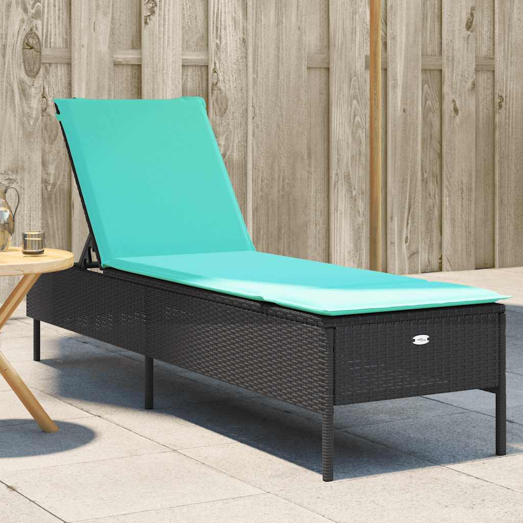 Black Sun Lounger with Cushions Poly Rattan