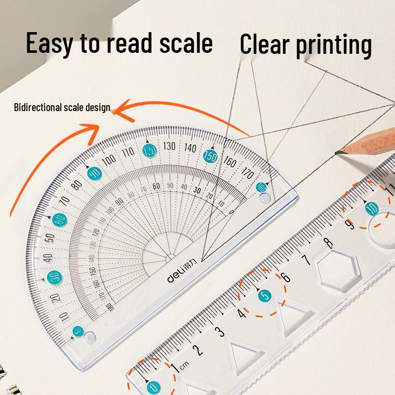 Deli VC17/VC18 Transparent 4-Piece Drafting Set: Ruler, Square, and Protractor