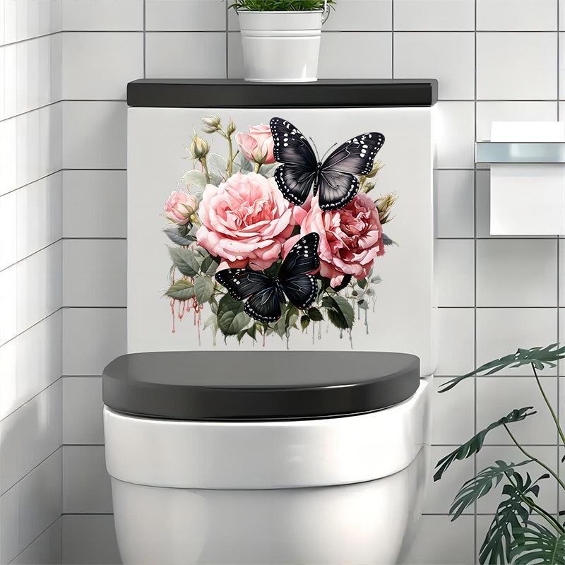 Pink Rose Black Butterfly Floral Wall Stickers Self Adhesive Peel and Stick Decor for Bathroom Cabinets Refrigerator Doors Home Decoration