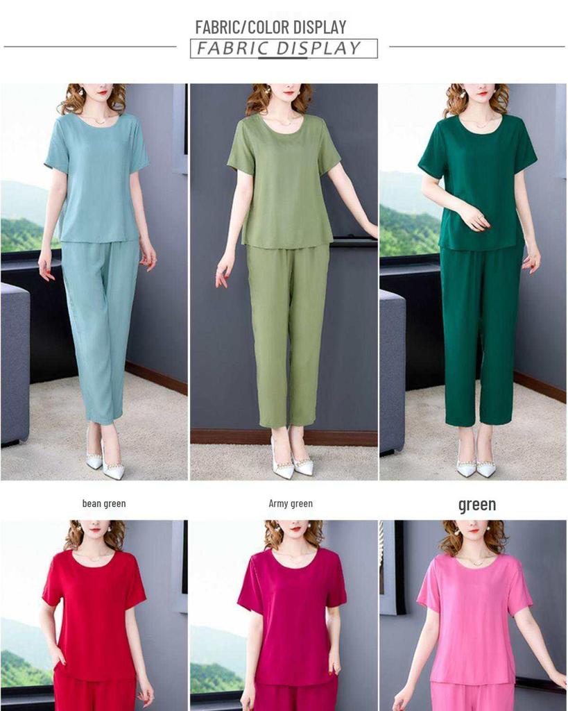 Summer Cotton Silk Women's Loose Two-Piece Set: Solid Color Short Sleeve Top and Long Pants, Plus Size Casual Wear.