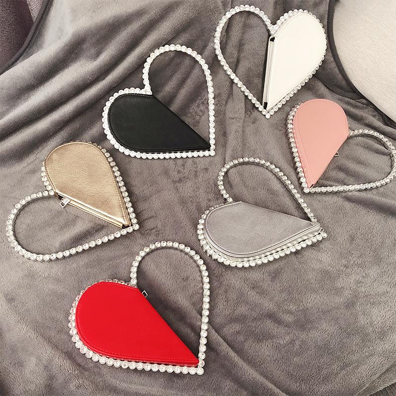 Clutch da Sera a Forma di Cuore Rosso con Diamanti Donna Designer Chic Strass Portafoglio Nero Festa Nuziale Sac A Main