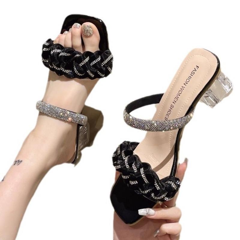 Crystal high-heeled sandals women's new transparent thick-heeled rhinestones outside cool slippers square head one-word women's slippers 42