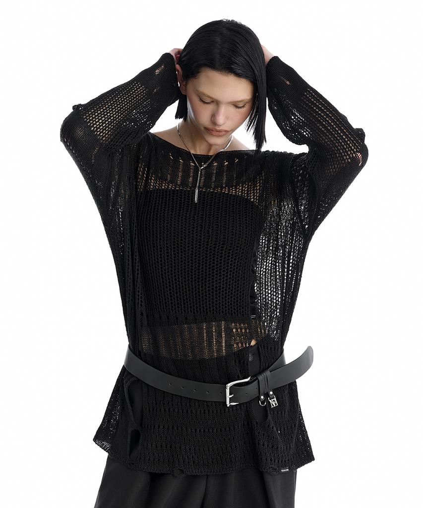 Teulimingbeodeu Cut-Out Mesh Knit Pullover [ Black ]