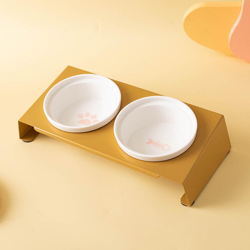 Cartoon Pet Dog Cat Bowl Ceramic Bowl Iron Frame Table Into A Kitten Skid Resistant Double Bowl Small Dog Food Feeder