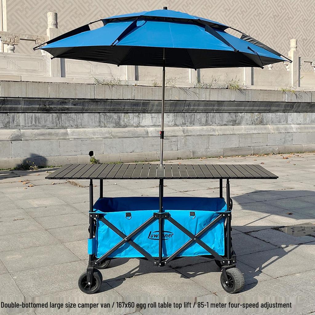Adjustable Folding Handcart with Umbrella, Elevated Canopy & Table Top for Street Stalls or Camping.