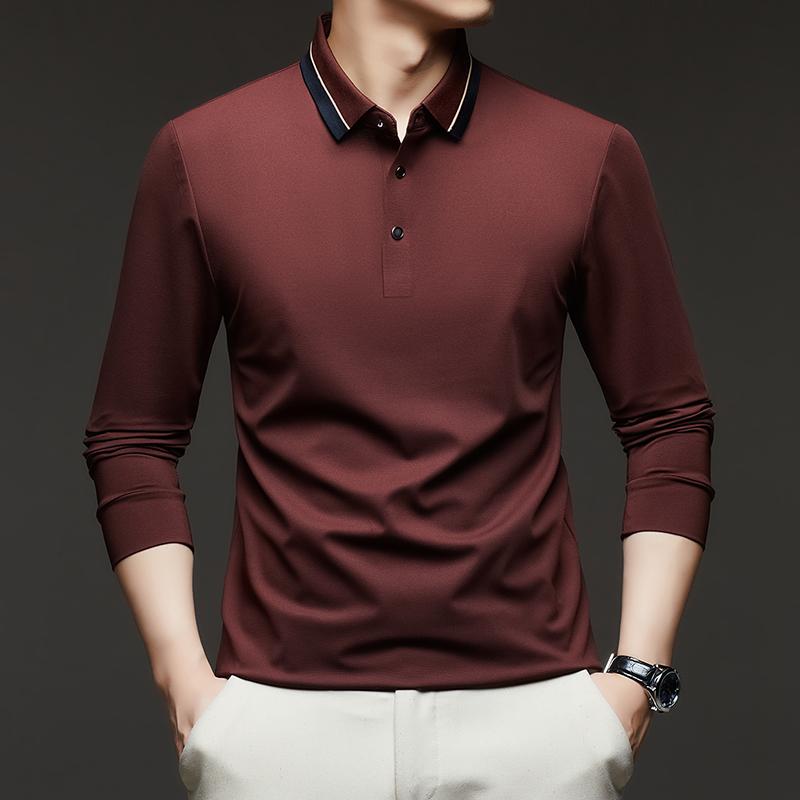 Original Design Quality Men'S Polo Shirt Autumn Solid Color Splicing Collar Long Sleeve Fashion Lapel T-Shirt Business Menswear
