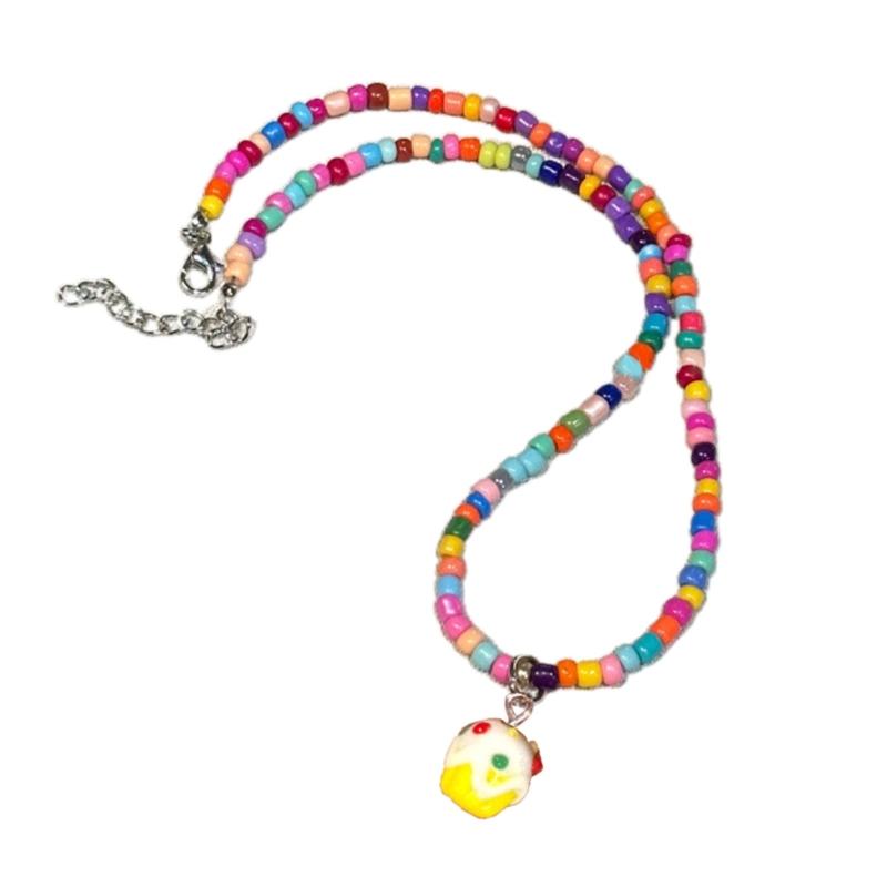 Colorful  Beaded Cute Cake Pendant Choker Resin Necklace Ajdustable Clavicle Chain for Women Girls Handmade Jewelry
