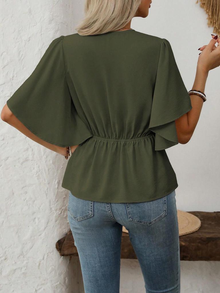2026 European Style V-neck Waist-cinching Women's Short-sleeved Top