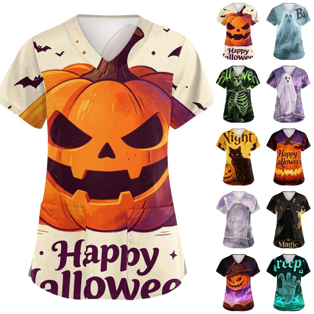 Women V Neck Short Sleeve Top with Pockets Halloween Theme Printed Scrub Shirt for Healthcare Professionals