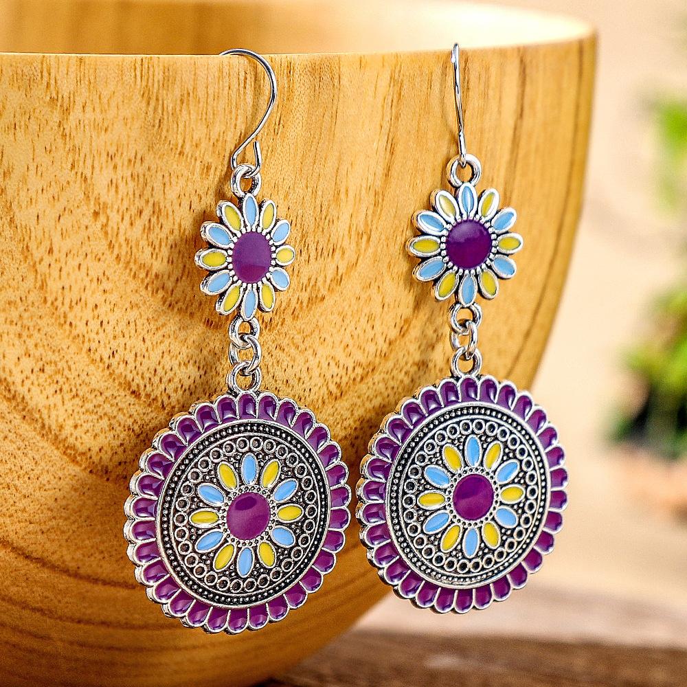 12 Colors Ethnic Vintage Enamel Sun Flower Earrings for Women Elegant Fresh Dangle Earrings Boho Vacation Party Jewelry