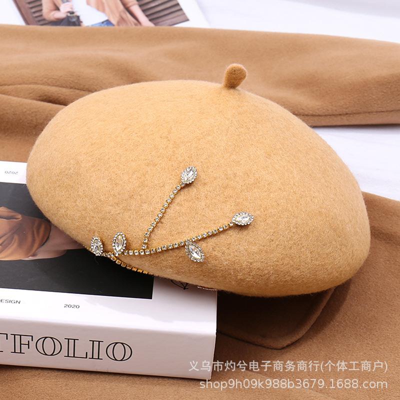Wool Beret Autumn and Winter New Fashion Rhinestone Three-dimensional Painter Hat Versatile Women's Temperament Versatile Hat