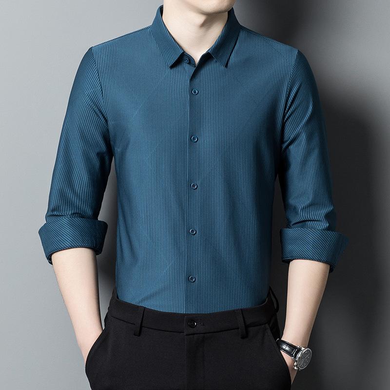 Autumn New Middle-aged Men's Long-sleeved Shirt Business Casual Dad Wear Stretch Seamless Plaid Shirt