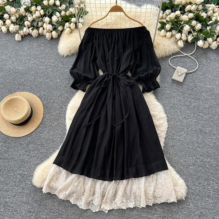 

Sweet Women Loose A Line Dress Slash Neck Lantern Sleeves Bandage Waist Gathered Lace Spliced Long Dress One Size чорний