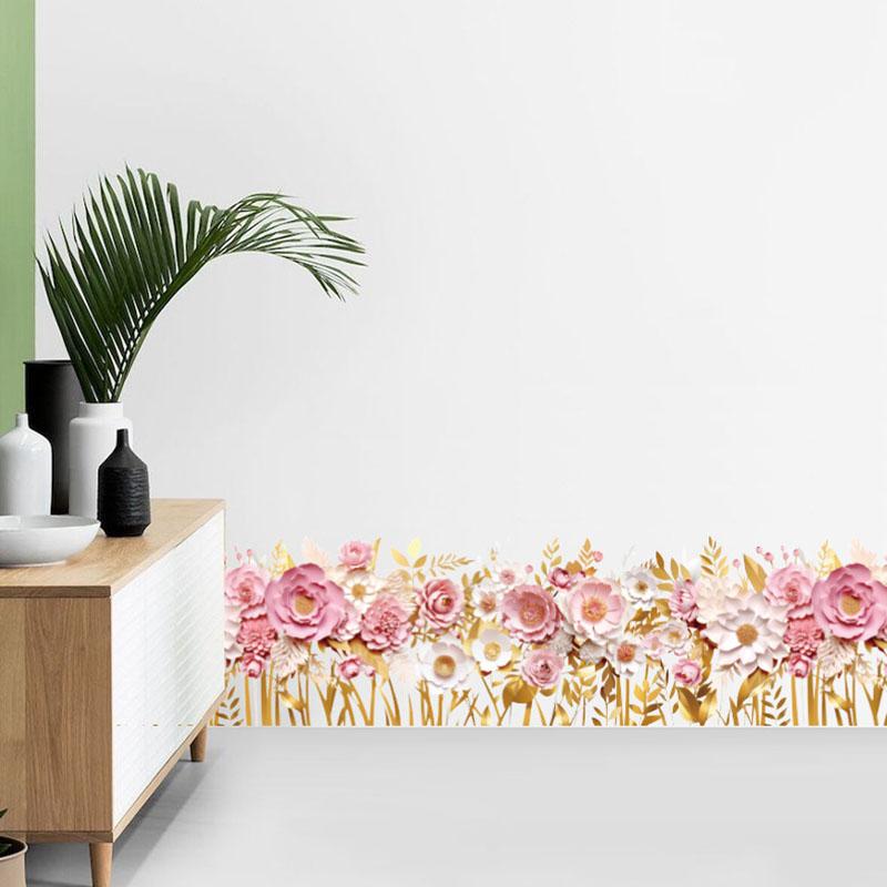Pink Rose Removable Waterproof Baseboard Wall Sticker for Bedroom and Living Room Home Decoration