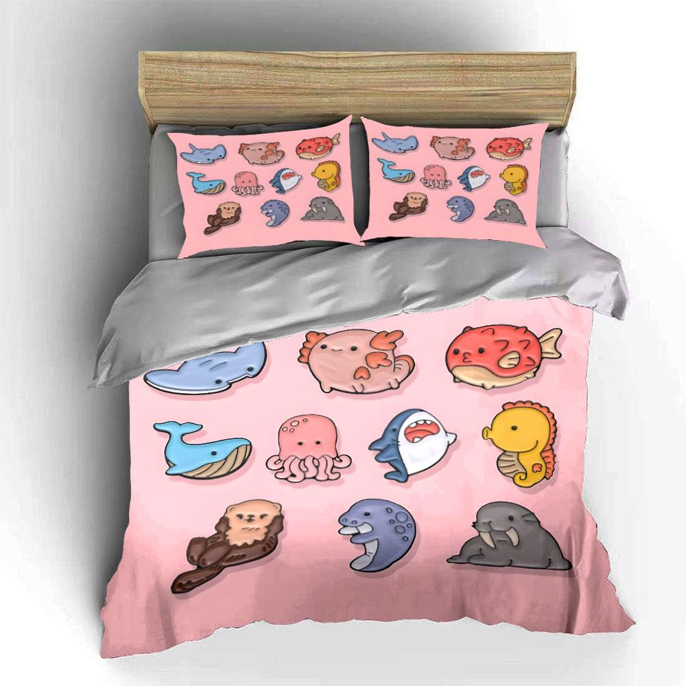 Colorful Cartoon Sea Creatures Print Bedding Set 1 Duvet Cover 2 Pillowcases For Adult And Children Luxury Gift Full Size