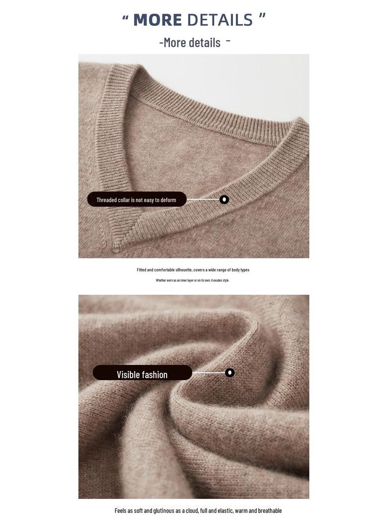 Men's V-Neck 100% Pure Wool Sweater - Solid Color, Short/Long Sleeve, Cashmere Knit Base Layer for Autumn/Winter