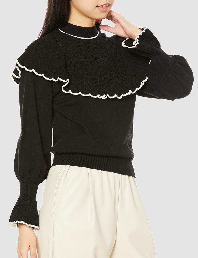 Lily Brown Openwork Frill Knit Top LWNT204148 Size F Women's Black, (Free Size)