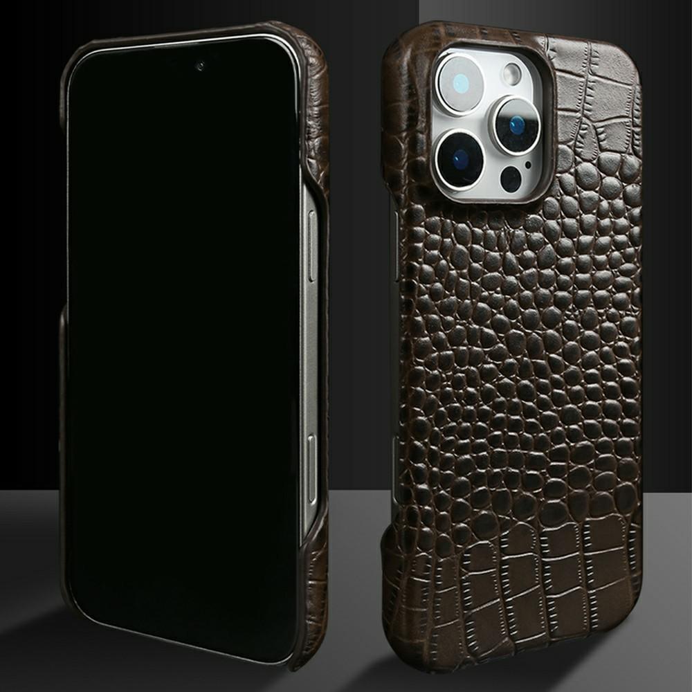 For iPhone 16 Pro Max Case Crocodile Texture Genuine Cow Leather Coated PC Phone Cover Compatible with MagSafe