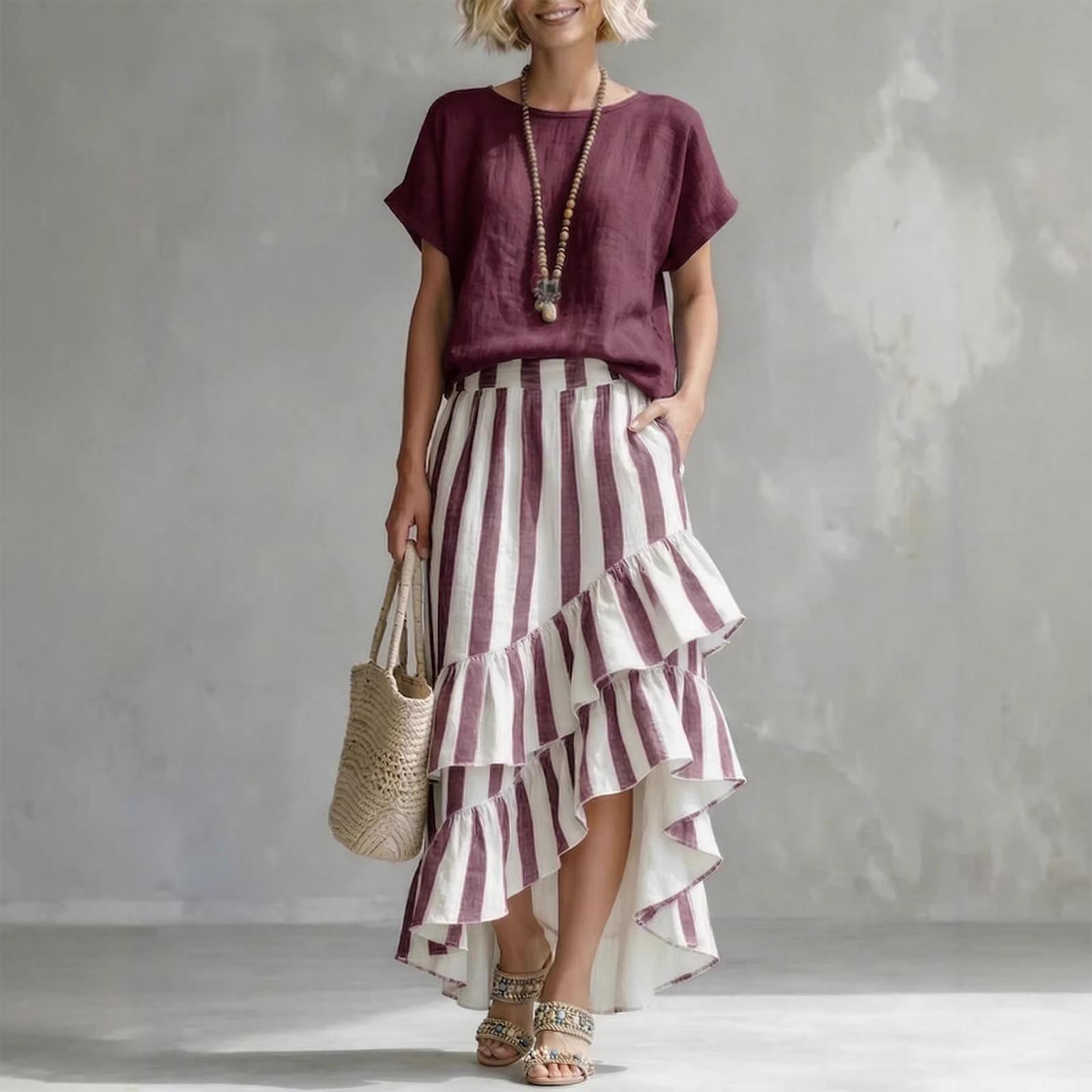 

Ladies Casual And Fashionable Round Neck Top Striped Skirt Set XL винний