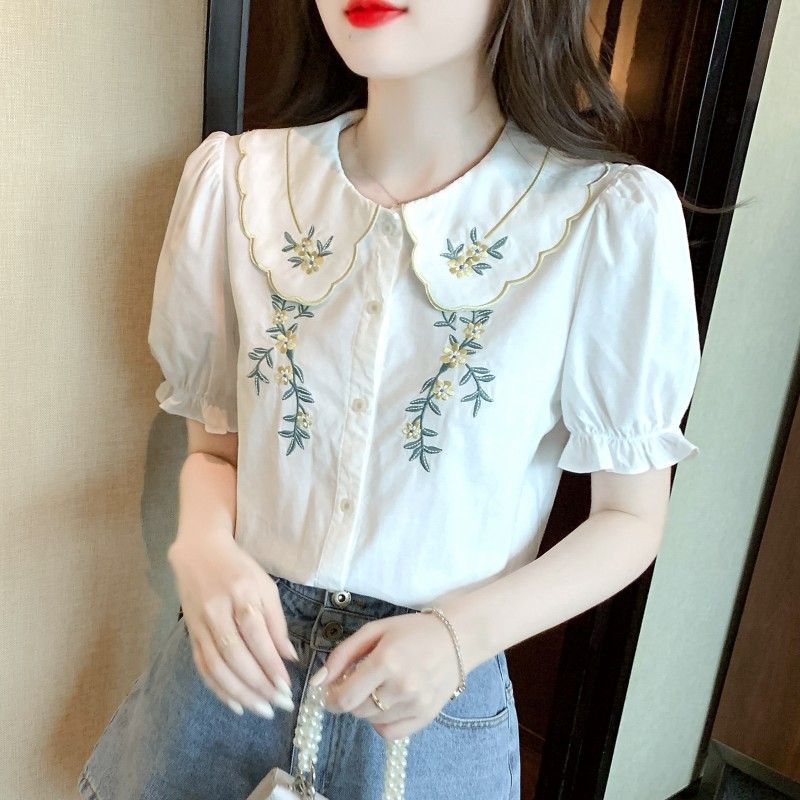

Women s Peter Pan Collar Blouse Short Puff Sleeve Floral Embroidery Casual Top Shirt S білий
