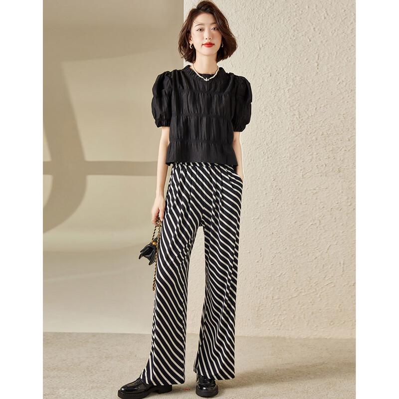 Bailuyu Pleated Puff Sleeve Round Neck Blouse
