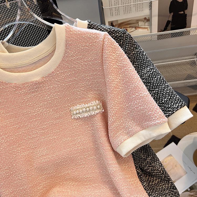 Women's Ice Silk Pink Knit T-Shirt - French Style Short Sleeve, Summer 2025 Niche Design