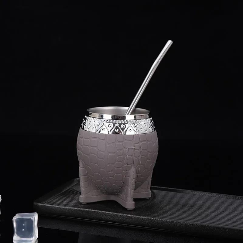 Stainless Steel Double-layer Mate Cup With Straw Texture Eggshell Cup Perfect For Yerba Mate Tea Drinking Yerba Mate Cup New