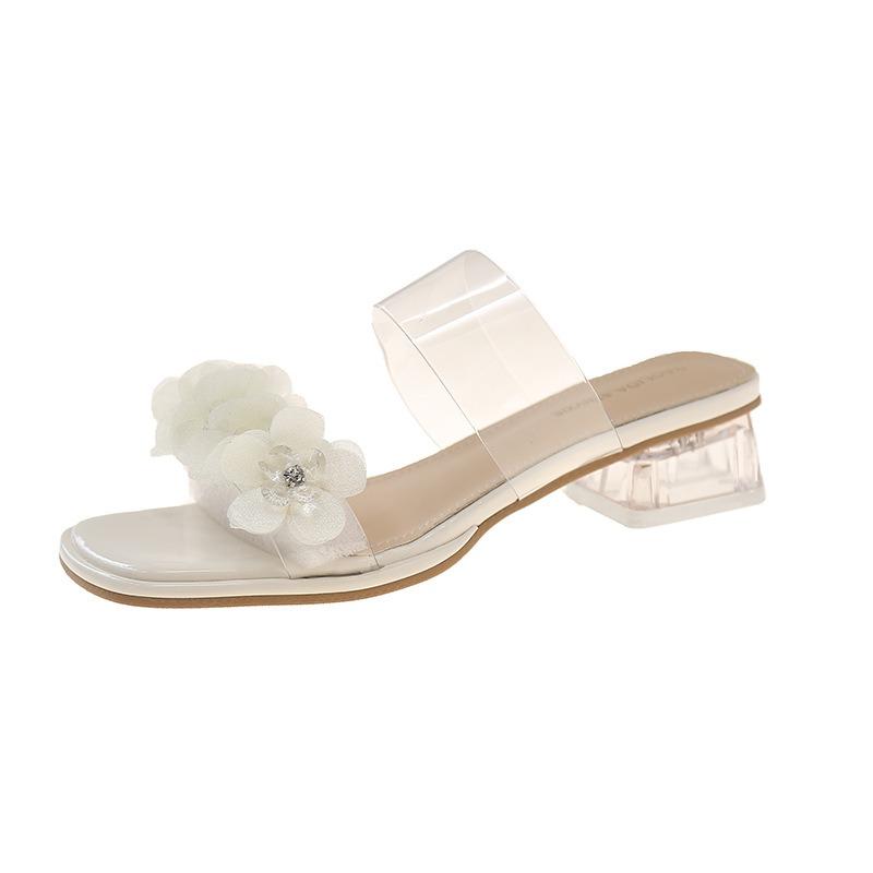 Transparent with Crystal Heel Cool Slippers New Summer French High-heeled Flower Rhinestone Sandals