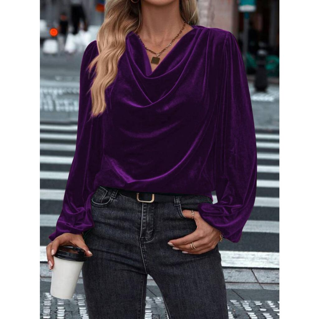 Fall Winter New Women's Long Sleeve Top, Slouchy Cowl Neck Velvet Blouse, Casual Clothing for Women European American Size