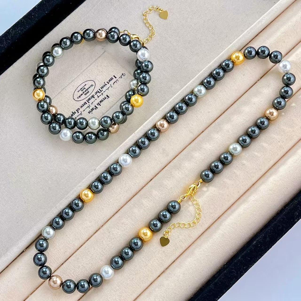 

High Quality 8Mm Retro Premium Sense Dark Night Black Mixed Color Artificial Crystal Pearl Necklace Collarbone Chain