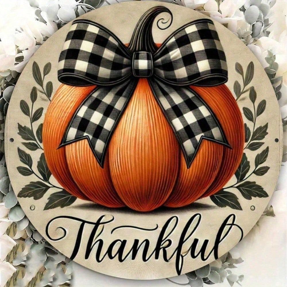 Autumn Pumpkin Thanksgiving Metal Sign Wall Decor 7.87x7.87 Inch Round Rustproof Aluminum with Plaid Bow Home Office