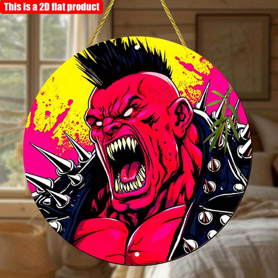 2D Flat 20*20cm1pc comic spiky monster design Hanging Art plaque, red and yellow bohemian style comic Wooden Pendant, Application to Boy Bedroom Party