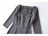 Women's Gray Seven-Sleeve Waist-Cinched Elegant Square Neck Slim Fit Retro Dress for Spring/Summer