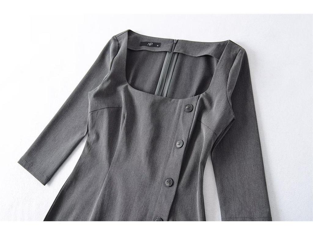 Women's Gray Seven-Sleeve Waist-Cinched Elegant Square Neck Slim Fit Retro Dress for Spring/Summer