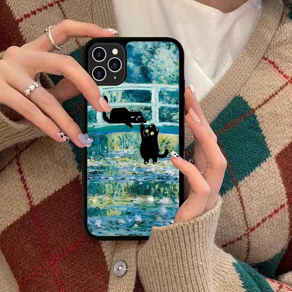 Cartoon Animal Black Cat Oil Painting Phone Case Silicone PC+TPU For For IPhone 11 12 13 14 15 16 Plus Pro Max Cover