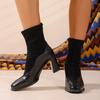 Vintage Spliced Skinny Boots Autumn Winter Square Toe Back Zipper Soft Sole Non-Slip Block Heel Shoes for Women