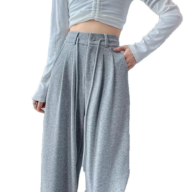 Women's Gray High-Waisted Wide-Leg Sweatpants - Casual Drawstring Fit for Autumn and Winter