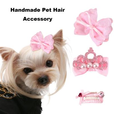 3Pcs Pet Hairpin Handmade Faux Pearl Crown Bow Rhinestone Decoration Hair Clip Teddy Long Haired Cat Dog BB Clip Princess Headdress Birthday Accessory