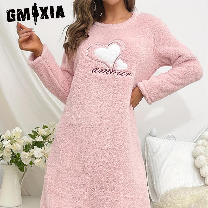 GMXIA Toamnă și Iarnă Femei Roz Dragoste Flanel Mânecă Lungă Îngroșat Set de Cămașă de Noapte Cap în Secțiunea Lungă a Cămășilor de Noapte Drăguțe pentru Acasă